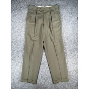 Hugo Boss Pants Men's 35x32 Olive Green Straight Leg Pleated Cuffed 100%‎ Wool